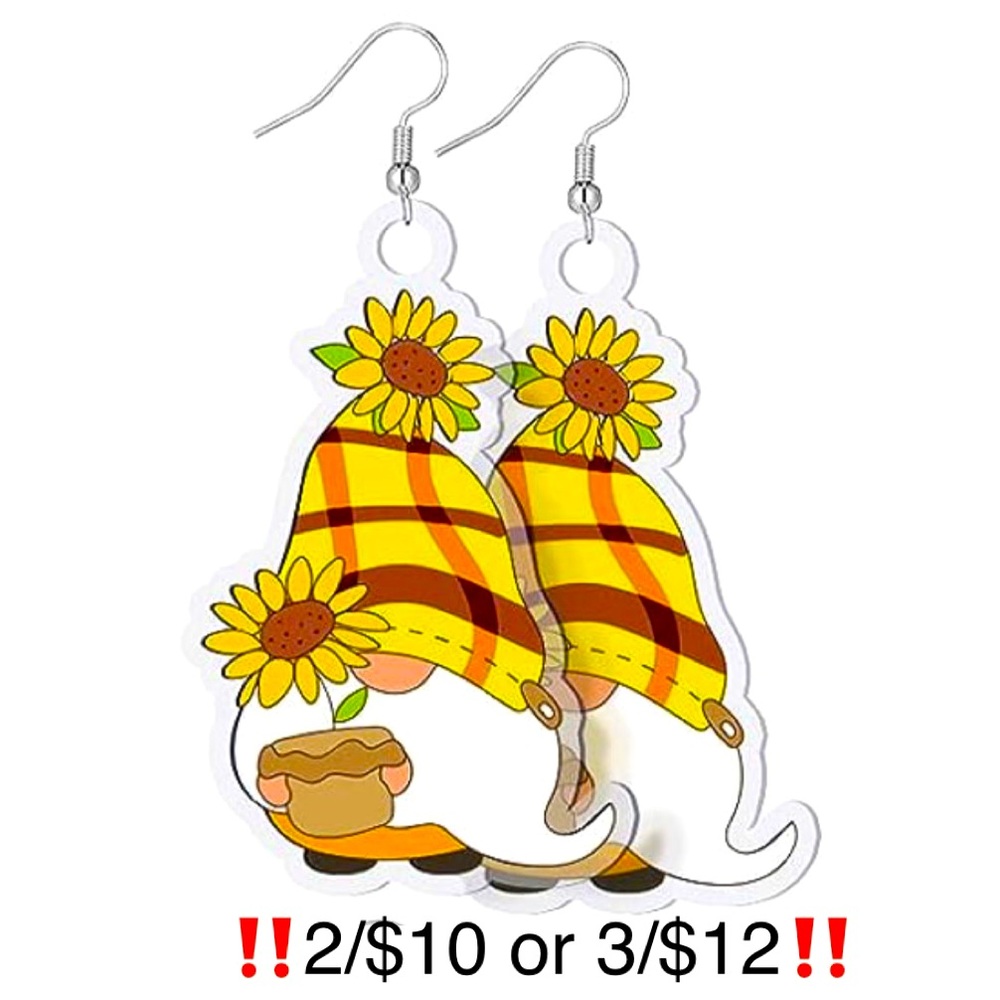 Acrylic Yellow Orange White Plaid Sunflower Gnome Novelty Statement Earrings